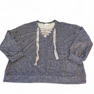 Sugarfox Lace Up Boho Lightweight Sweatshirt Womens 1X Cottage Beach Blue Floral